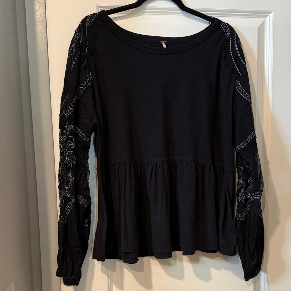 Free People Black Embroidered Blouse